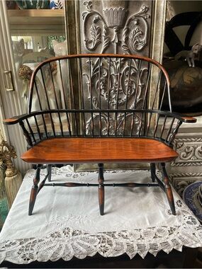 Vintage wood doll bench Windsor primitive style folk art